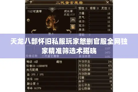 天龙八部怀旧私服玩家怒删官服全网独家精准筛选术揭晓