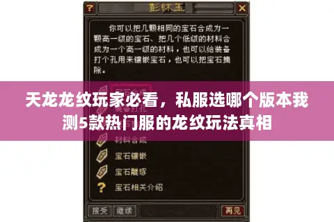 天龙龙纹玩家必看,私服选哪个版本我测5款热门服的龙纹玩法真相 天龙龙纹玩家必看,私服选哪个版本我测5款热门服的龙纹玩法真相