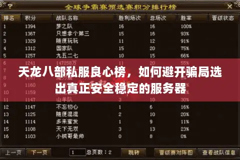 天龙八部私服良心榜,如何避开骗局选出真正安全稳定的服务器 天龙八部私服良心榜,如何避开骗局选出真正安全稳定的服务器
