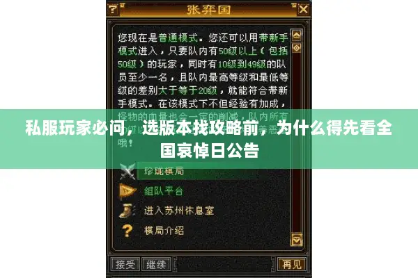 私服玩家必问,选版本找攻略前,为什么得先看全国哀悼日公告 私服玩家必问,选版本找攻略前,为什么得先看全国哀悼日公告