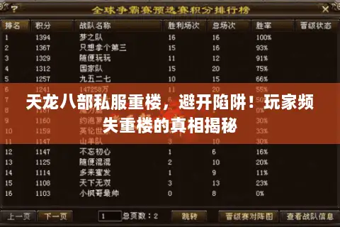 天龙八部私服重楼,避开陷阱!玩家频失重楼的真相揭秘 天龙八部私服重楼,避开陷阱!玩家频失重楼的真相揭秘