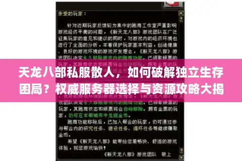 天龙八部私服散人，如何破解独立生存困局？权威服务器选择与资源攻略大揭秘