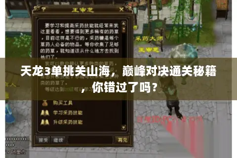天龙3单挑关山海,巅峰对决通关秘籍,你错过了吗? 天龙3单挑关山海,巅峰对决通关秘籍,你错过了吗?